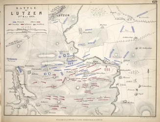 Mapa bitwy pod Lutzen, opublikowana przez Williama Blackwooda i Synów, Edynburg i Londyn, 1848 (rycina ręcznie kolorowana)